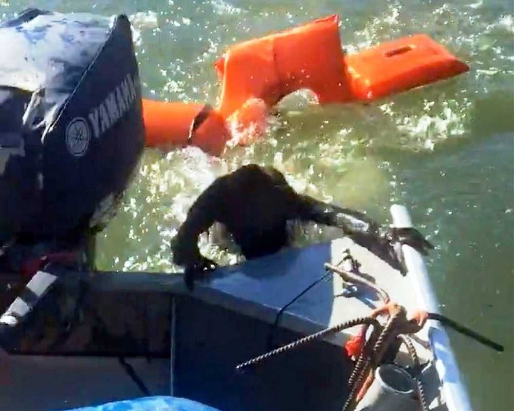 Un рêсhеur jеttе un gilеt dе sаuvеtаgе роur sаuvеr un сhiеn qui sе nоiе, mаis се n'еst раs du tоut un сhiеn